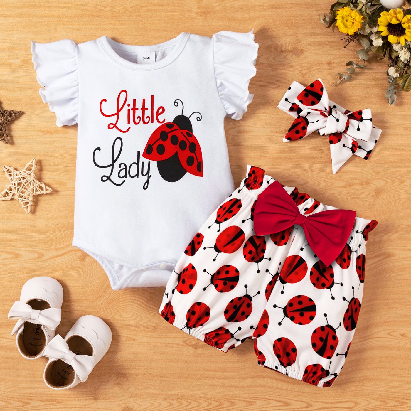 3pcs Baby Girl 95% Cotton Ruffle Sleeve Letter Print Romper and Ladybugs Print Shorts with Headband 