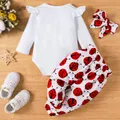 3pcs Baby Girl 95% Cotton Ruffle Long-sleeve Ladybug Letter Print Romper and Bowknot Trousers with Headband Set  image 2