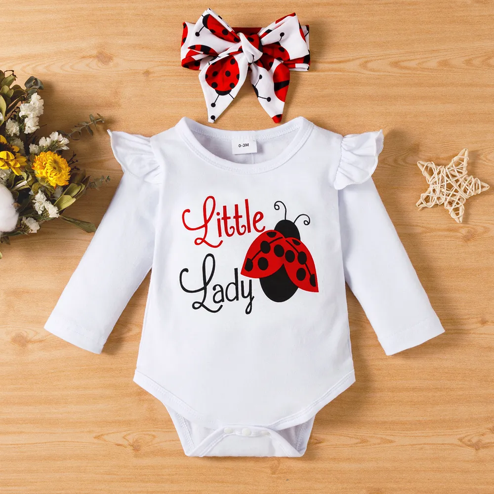 3pcs Baby Girl 95% Cotton Ruffle Long-sleeve Ladybug Letter Print Romper and Bowknot Trousers with Headband Set big image 3