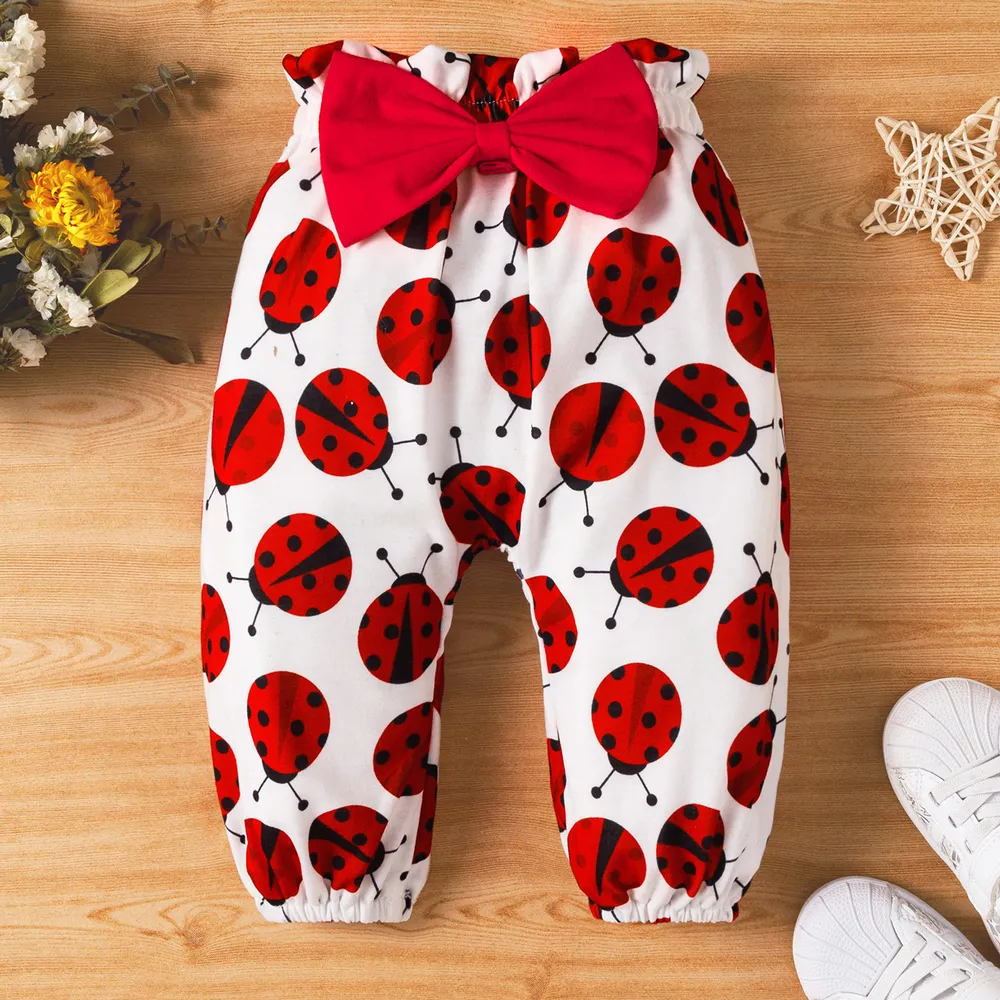 3pcs Baby Girl 95% Cotton Ruffle Long-sleeve Ladybug Letter Print Romper and Bowknot Trousers with Headband Set big image 4