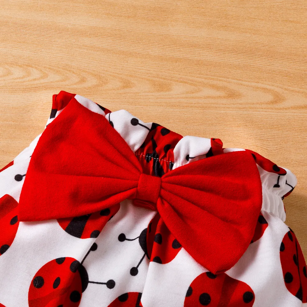 3pcs Baby Girl 95% Cotton Ruffle Long-sleeve Ladybug Letter Print Romper and Bowknot Trousers with Headband Set big image 5