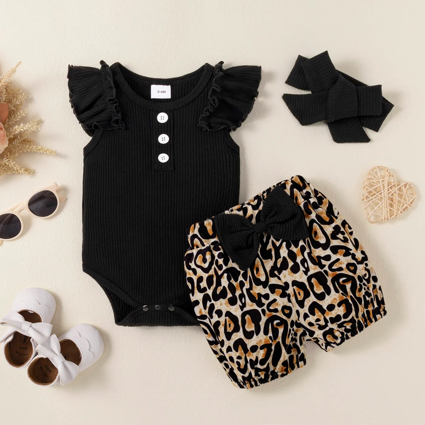 3pcs Baby Girl 95% Cotton Ribbed Flutter-sleeve Romper and Leopard Shorts with Headband Set