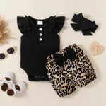 3pcs Baby Girl 95% Cotton Ribbed Flutter-sleeve Romper and Leopard Shorts with Headband Set Black