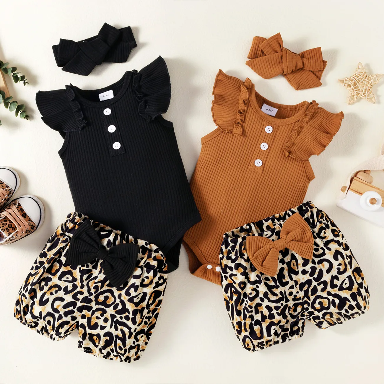 3pcs Baby Girl 95% Cotton Ribbed Flutter-sleeve Romper and Leopard Shorts with Headband Set Black big image 1