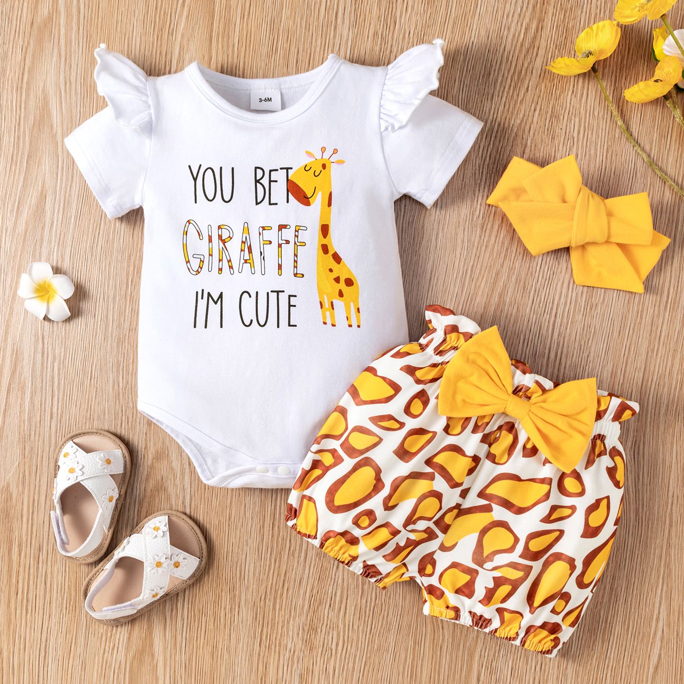 3pcs Baby Girl 95% Cotton Ruffle Short-sleeve Cartoon Giraffe Letter Print Romper and Bowknot Shorts