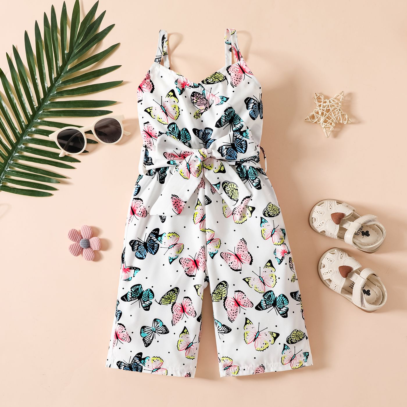 

Baby Girl All Over Butterfly Print Spaghetti Strap Belted Jumpsuit