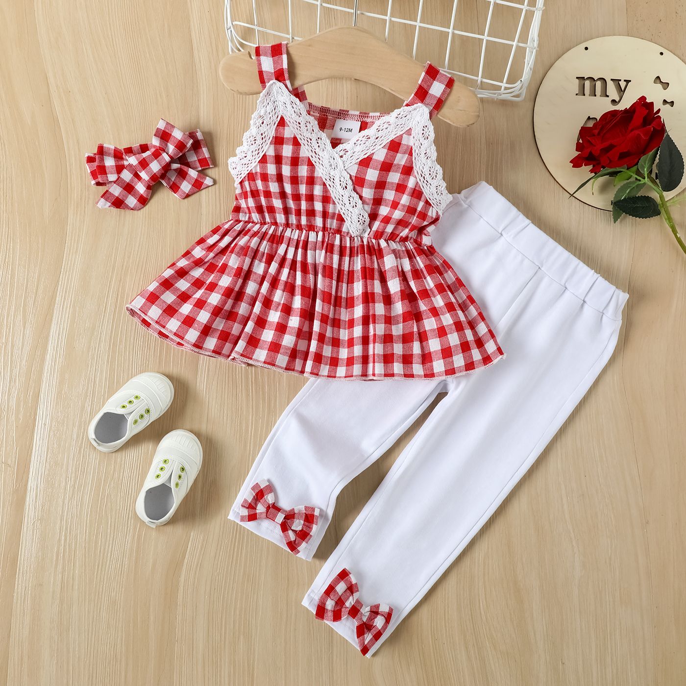 

3pcs Baby Girl 100% Cotton Red Plaid Lace Cami Top and Pants with Headband Set