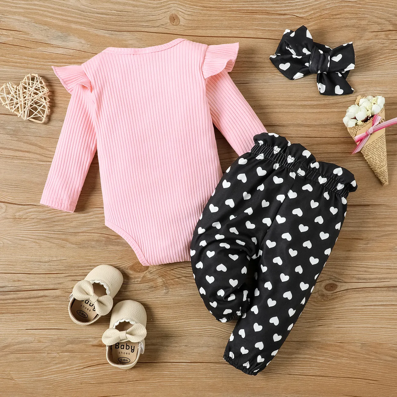 3pcs Baby Girl 95% Cotton Long-sleeve Rib Knit Letter Embroidered Romper and Allover Love Heart Print Pants with Headband Set Pink big image 1