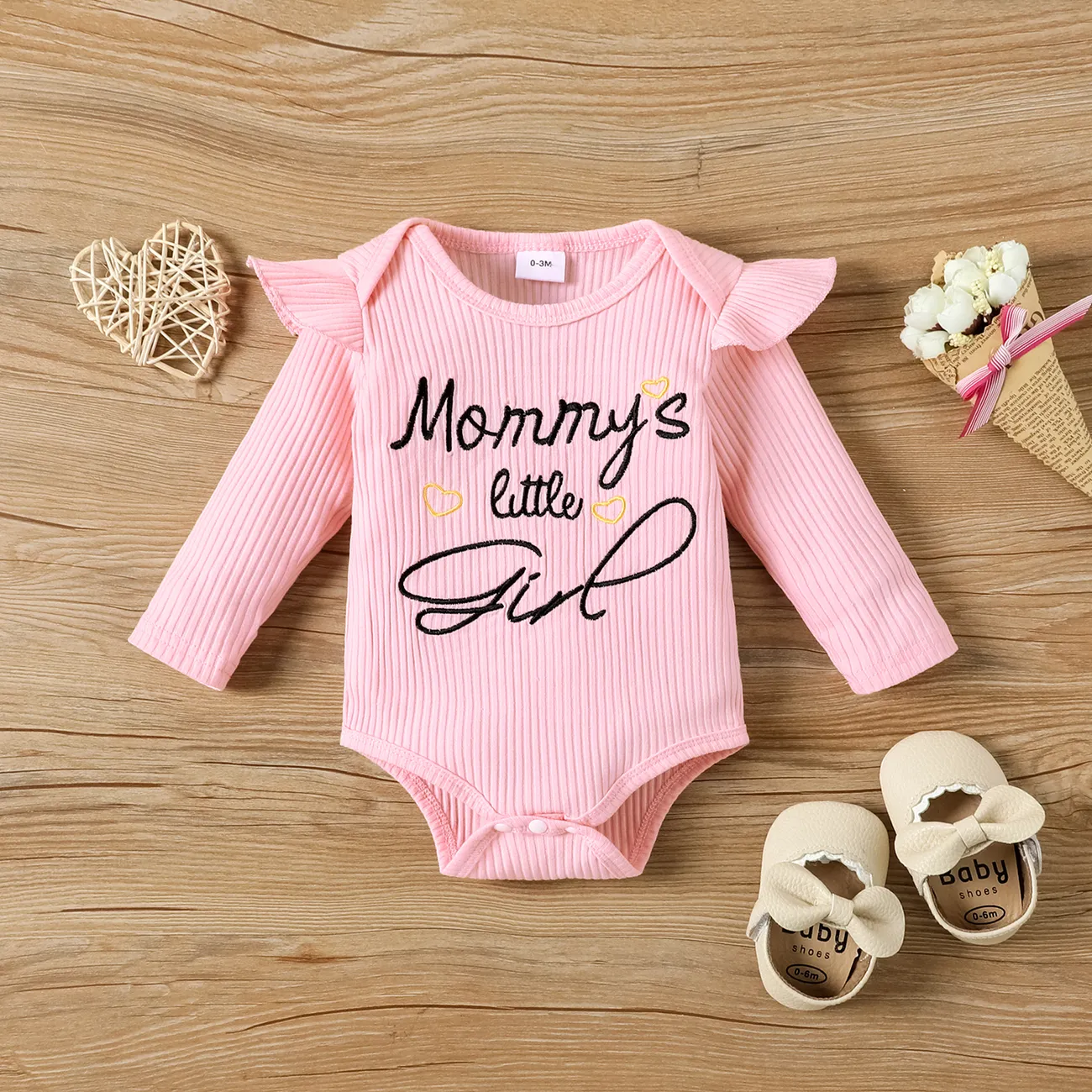 3pcs Baby Girl 95% Cotton Long-sleeve Rib Knit Letter Embroidered Romper and Allover Love Heart Print Pants with Headband Set Pink big image 1