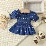 2pcs Baby Girl 95% Cotton Bowknot Decor Pants and Allover Love Heart Print Puff-sleeve Shirred Imitation Denim Top Set Blue image 3