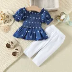 2pcs Baby Girl 95% Cotton Bowknot Decor Pants and Allover Love Heart Print Puff-sleeve Shirred Imitation Denim Top Set  image 2