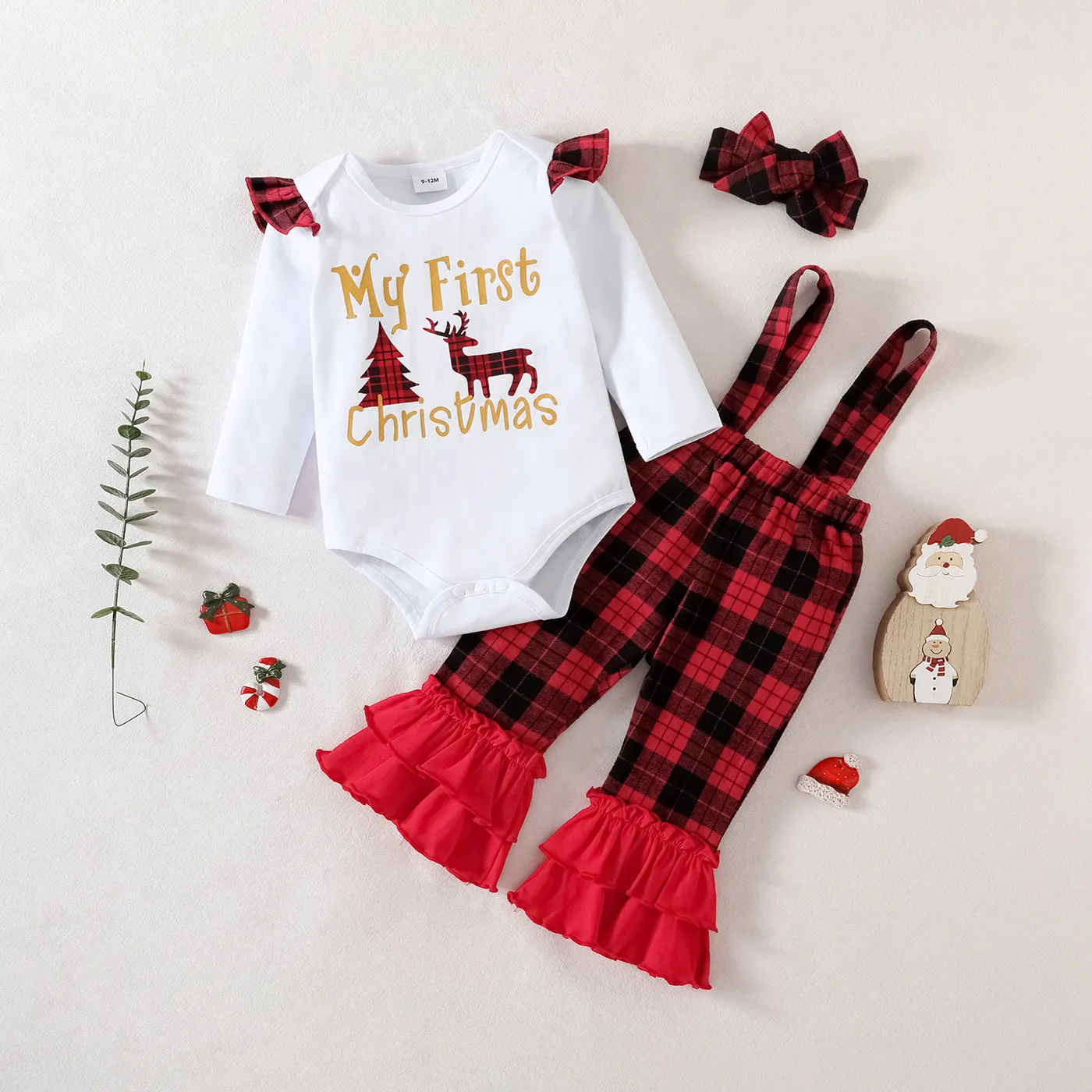 

Christmas 3pcs Baby Girl 100% Cotton Layered Ruffle Red Plaid Suspender Pants and Long-sleeve Graphic Romper with Headband Set