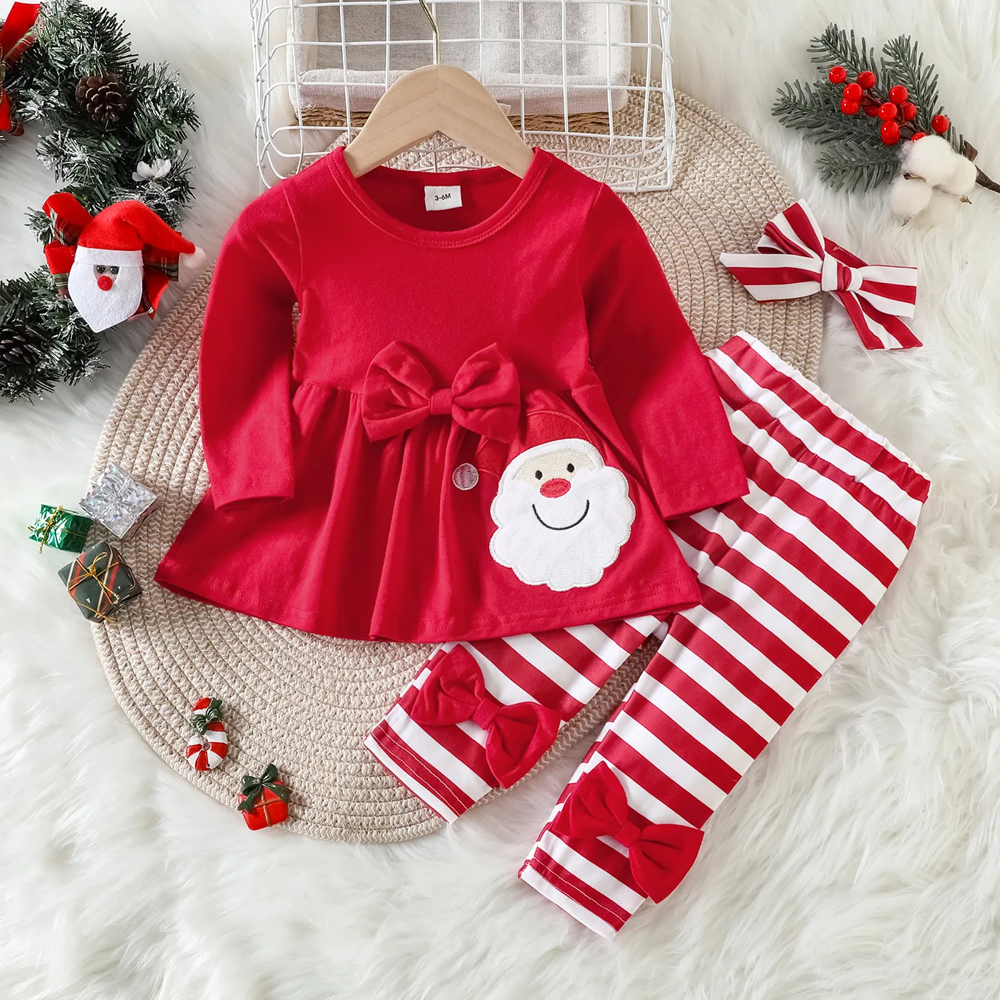 

Christmas 3pcs Baby Girl 95% Cotton Long-sleeve Red Bow Decor Santa Graphic Top and Striped Leggings with Headband Set