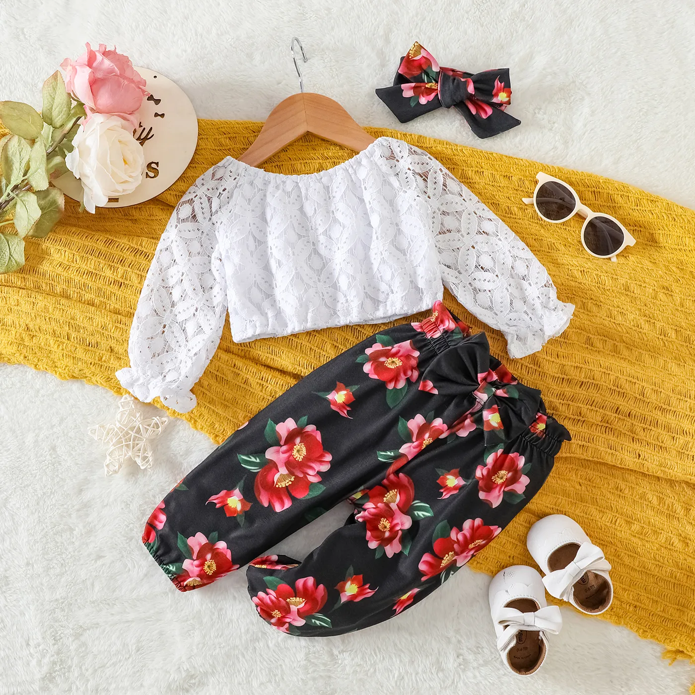 3pcs Baby Girl 100% Cotton Lace Off Shoulder Long-sleeve Crop Top and Floral Print Pants with Headband Set  big image 1