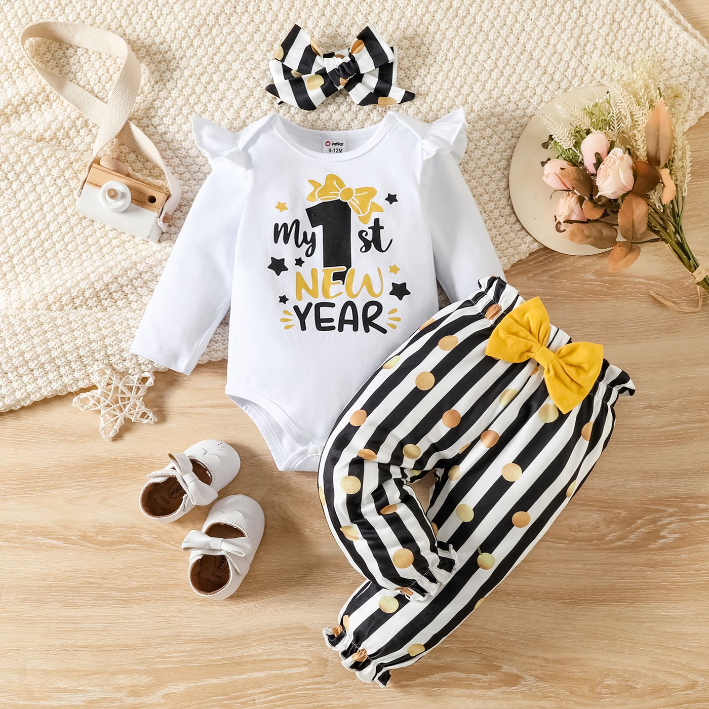 

New Year 3pcs Baby Girl 95% Cotton Ruffle Long-sleeve Letter Print Romper and Dots Striped Pants with Headband Set