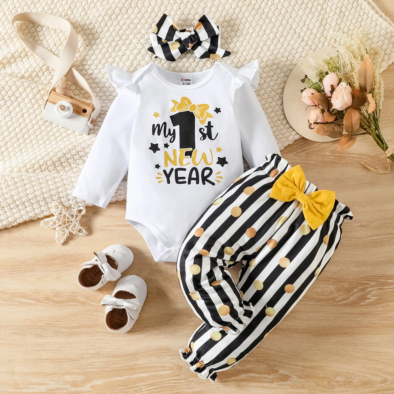 New Year 3pcs Baby Girl 95% Cotton Ruffle Long-sleeve Letter Print Romper and Dots Striped Pants with Headband Set  big image 1