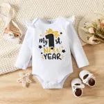 New Year 3pcs Baby Girl 95% Cotton Ruffle Long-sleeve Letter Print Romper and Dots Striped Pants with Headband Set  image 3