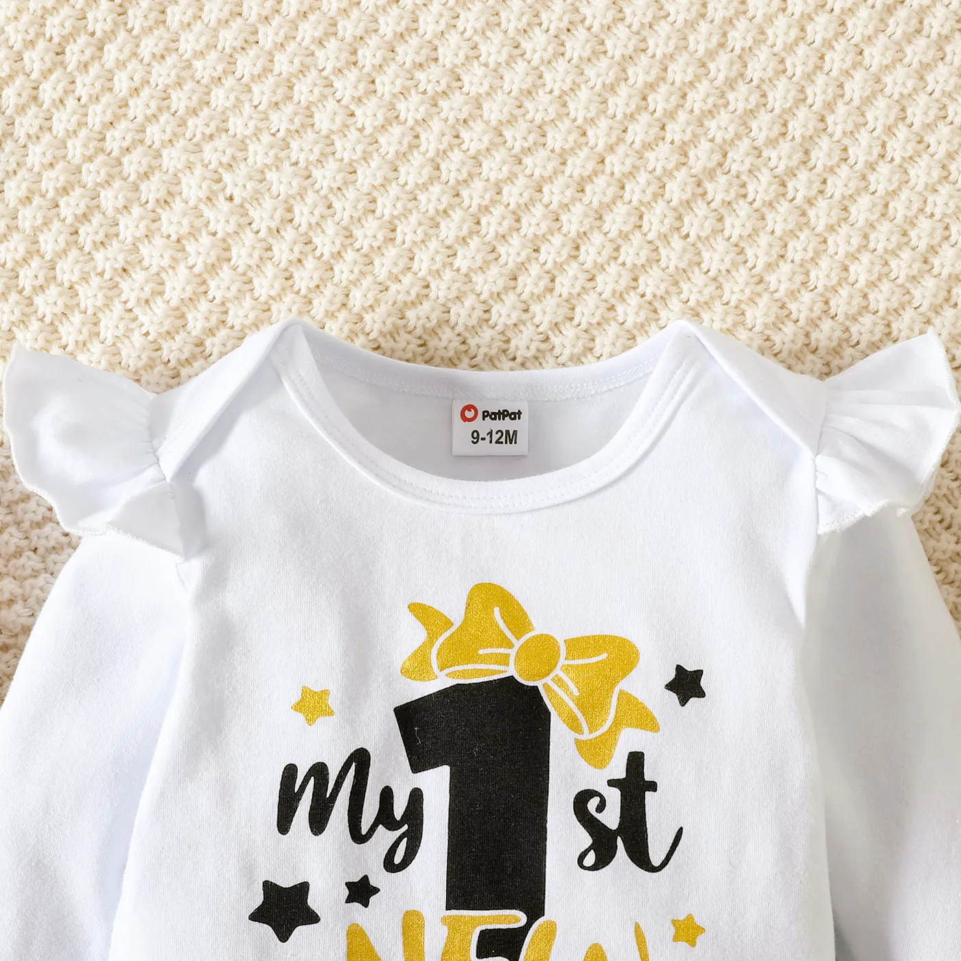 New Year 3pcs Baby Girl 95% Cotton Ruffle Long-sleeve Letter Print Romper and Dots Striped Pants with Headband Set  image 4
