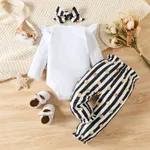 New Year 3pcs Baby Girl 95% Cotton Ruffle Long-sleeve Letter Print Romper and Dots Striped Pants with Headband Set  image 2