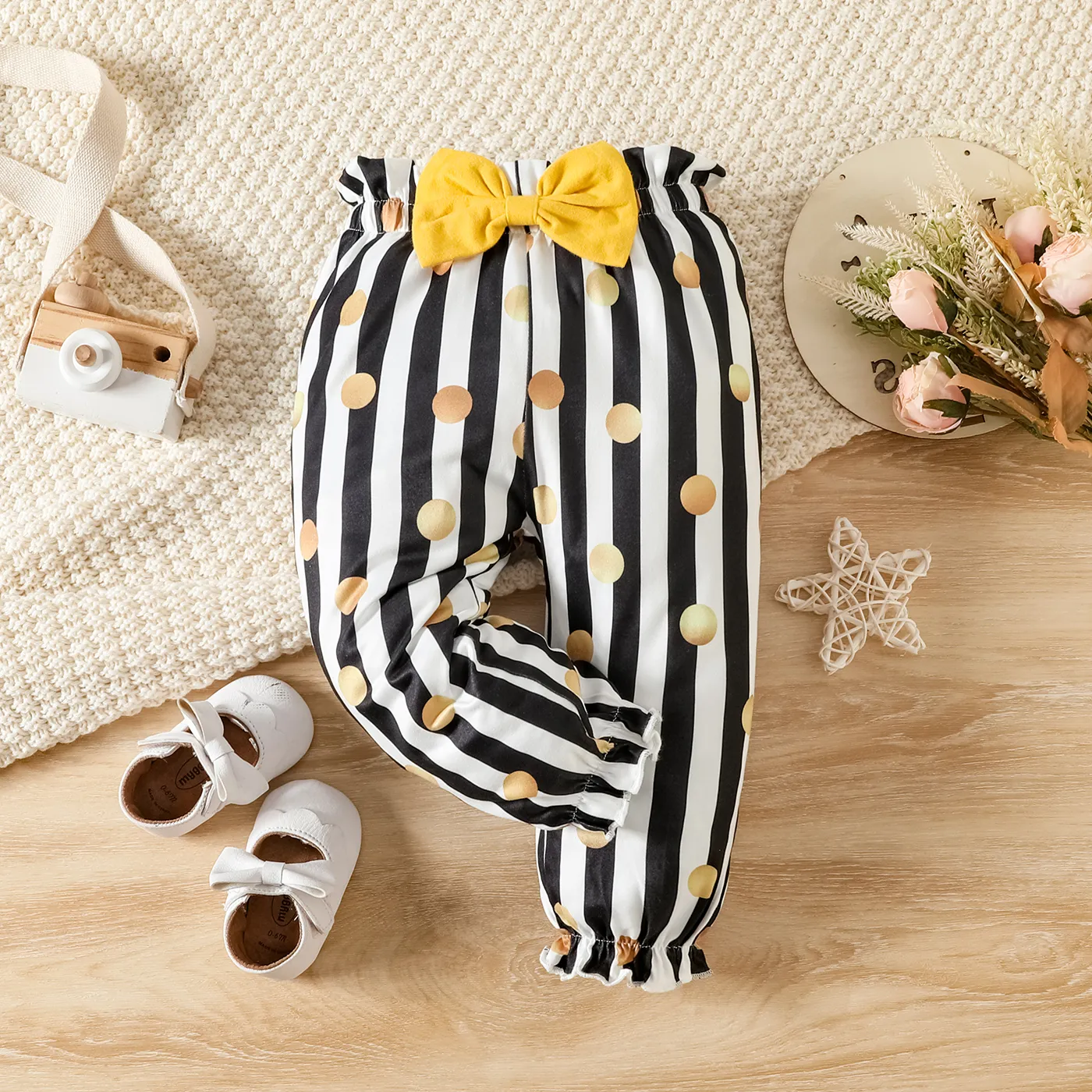New Year 3pcs Baby Girl 95% Cotton Ruffle Long-sleeve Letter Print Romper and Dots Striped Pants with Headband Set  image 5