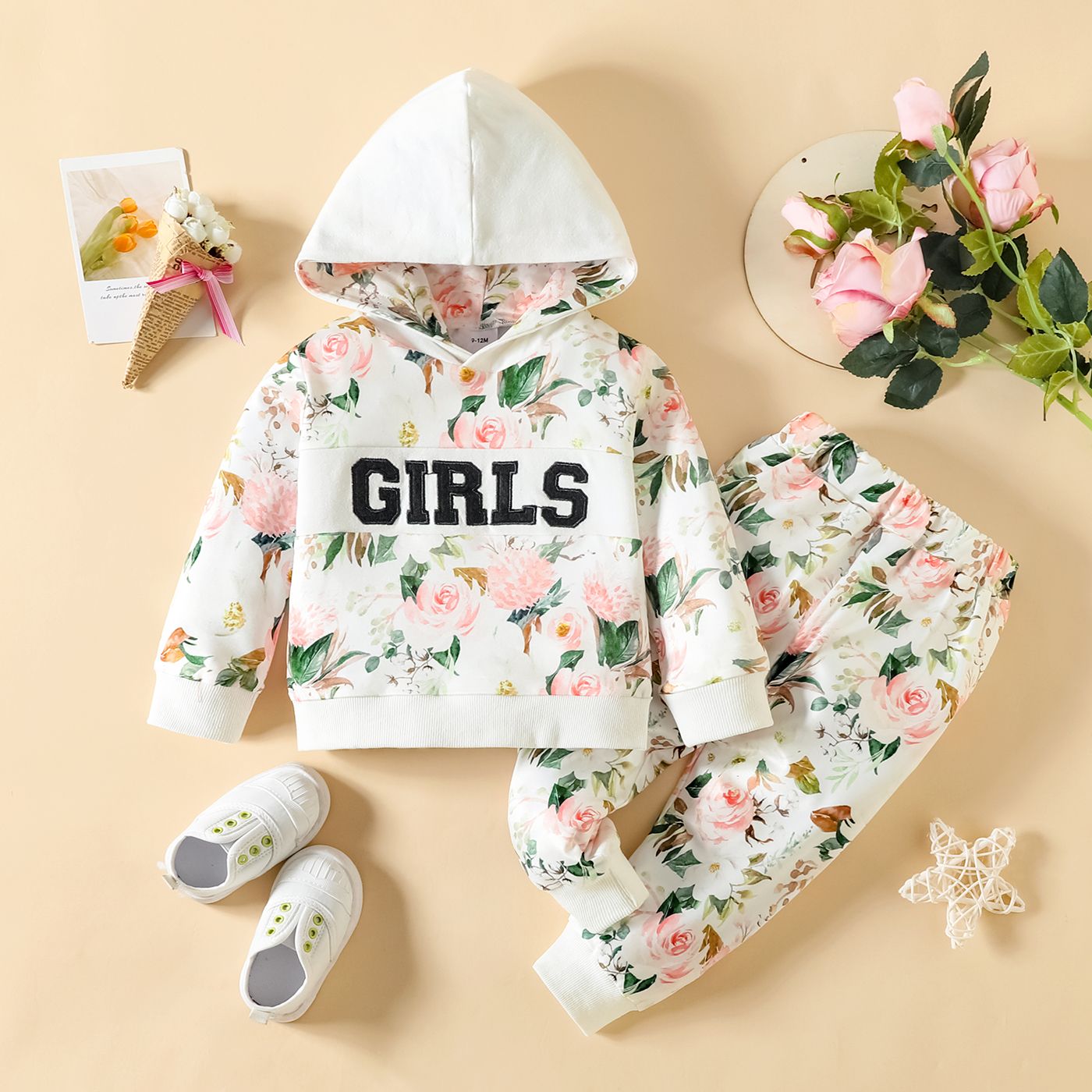 

2pcs Baby Girl Letter Embroidered Allover Floral Print Long-sleeve Hoodie and Sweatpants Set