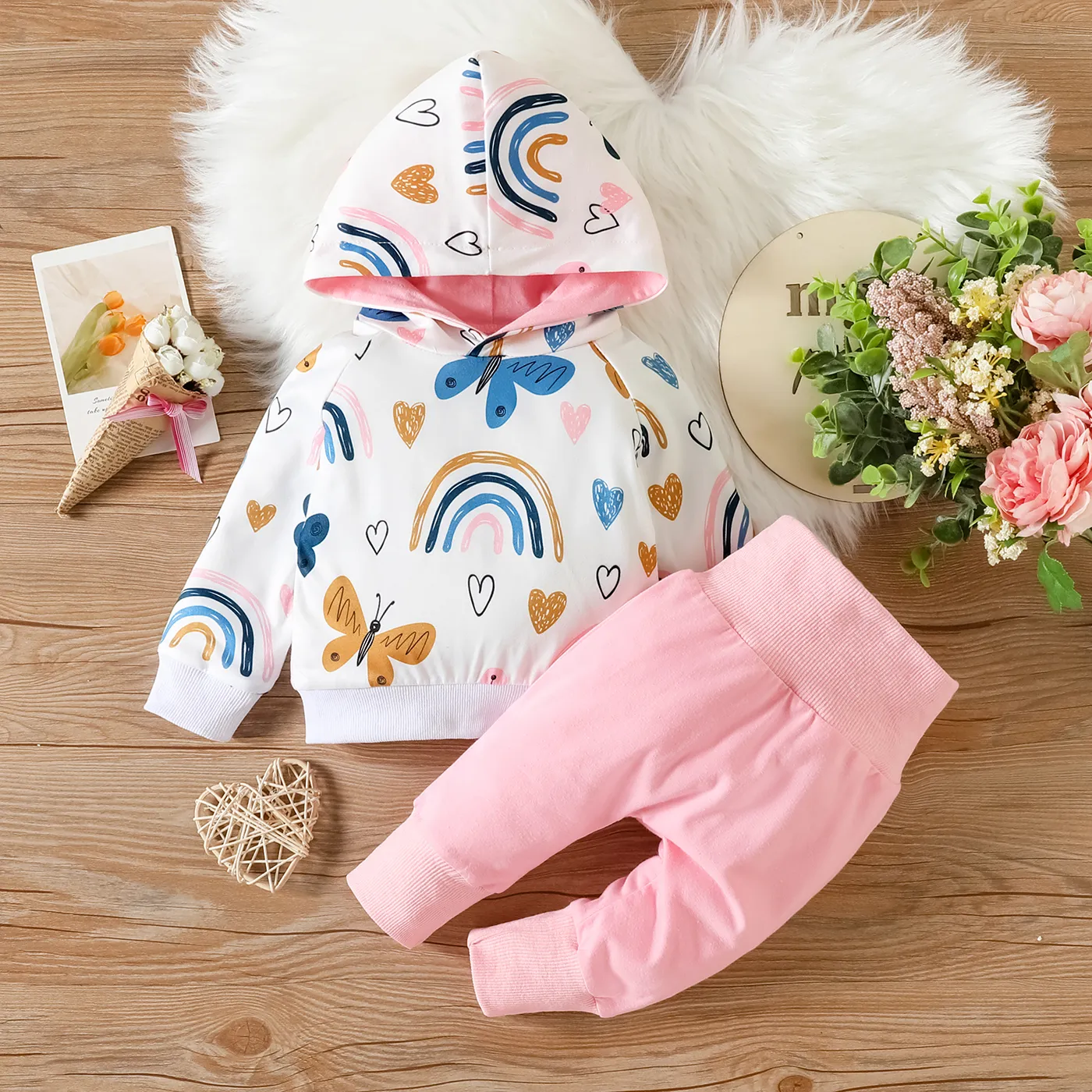 

2pcs Baby Girl 95% Cotton Solid High Waist Pants and Allover Print Long-sleeve Hoodie Set