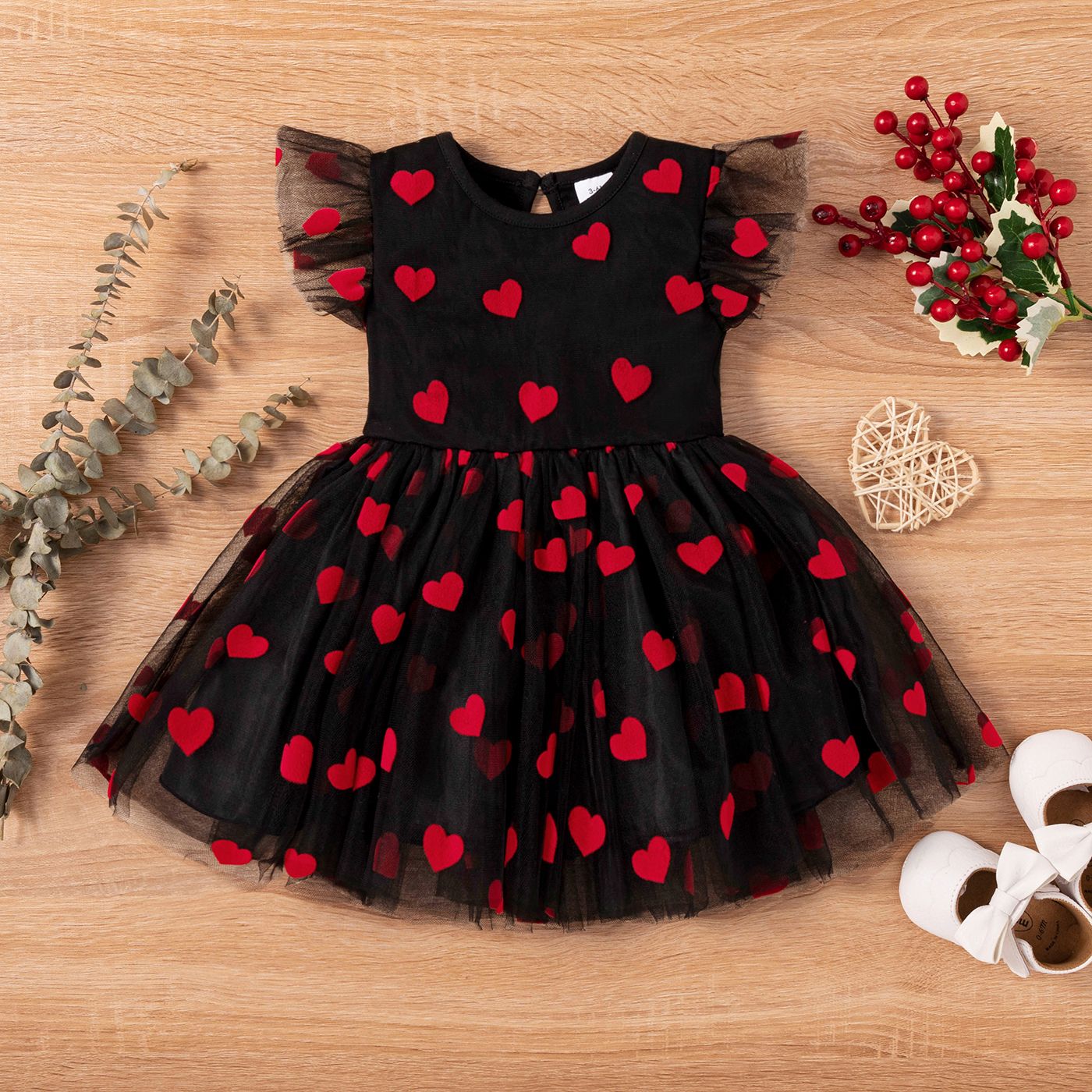 

Baby Girl Allover Heart Graphic Flutter-sleeve Mesh Dress