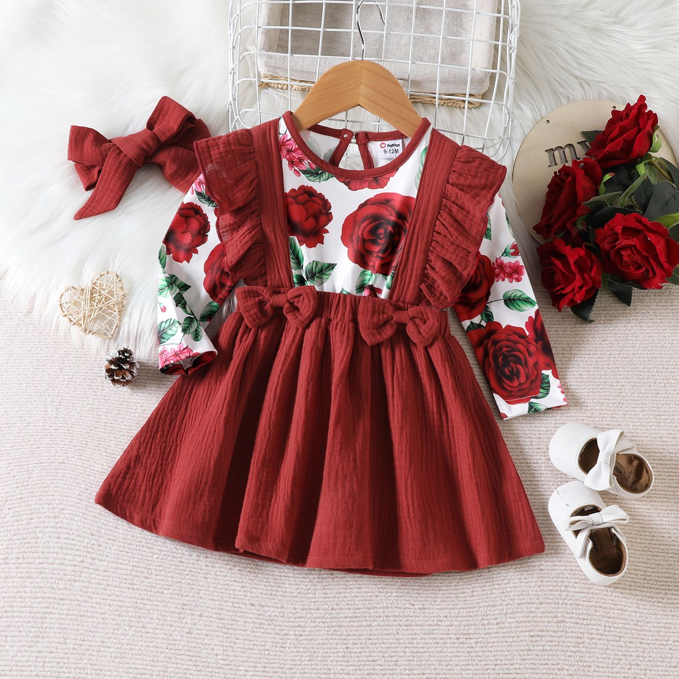 

2pcs Baby Girl 100% Cotton Crepe Ruffle Trim Bow Decoe Spliced Floral Print Long-sleeve Dress with Headband Set