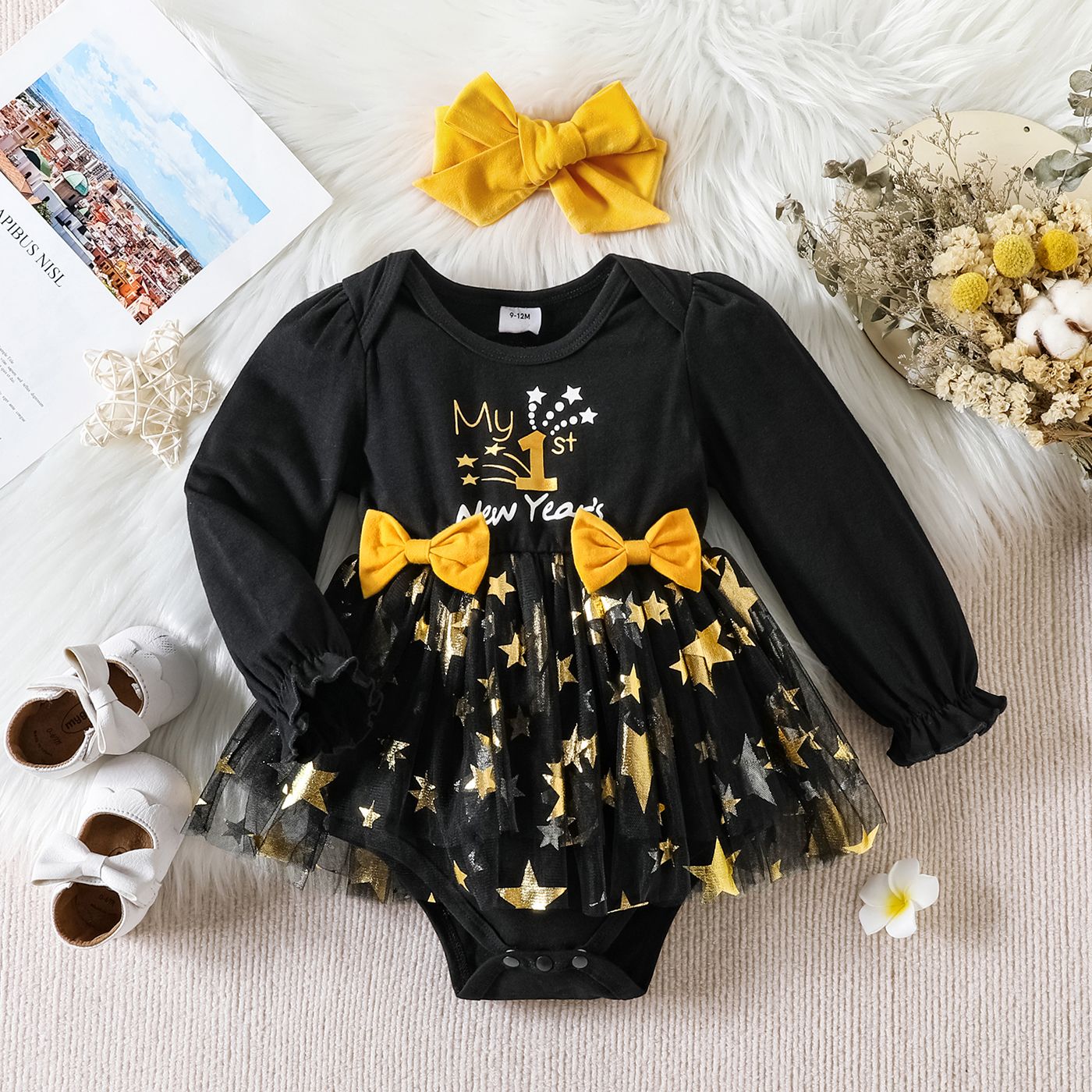 

New Year 2pcs Baby Girl 95% Cotton Long-sleeve Letter Print Black Bow Front Star Mesh Romper with Headband Set