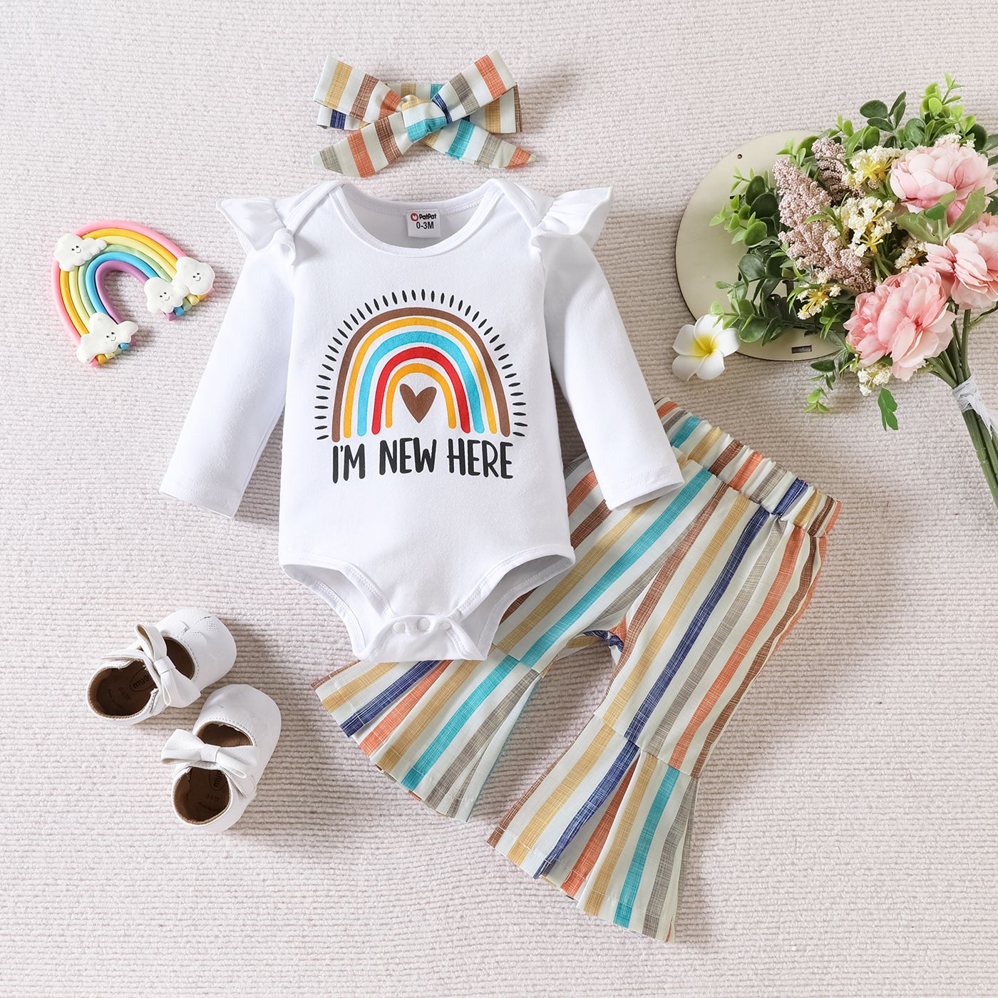 

3pcs Baby Girl 95% Cotton Ruffle Long-sleeve Rainbow & Letter Print Romper and Colorful Striped Flared Pants & Headband Set