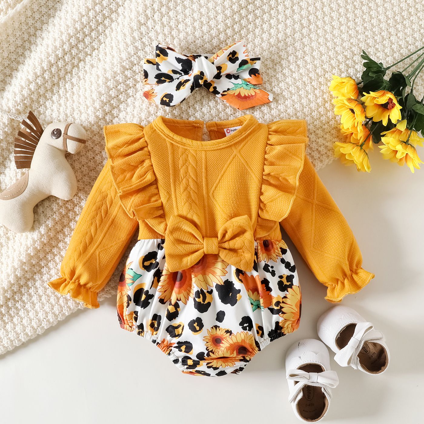 2pcs Baby Girl Sunflower & Leopard Print Spliced Solid Ruffle Trim Long-sleeve Romper and Headband S