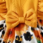 2pcs Baby Girl Sunflower & Leopard Print Spliced Solid Ruffle Trim Long-sleeve Romper and Headband Set  image 4