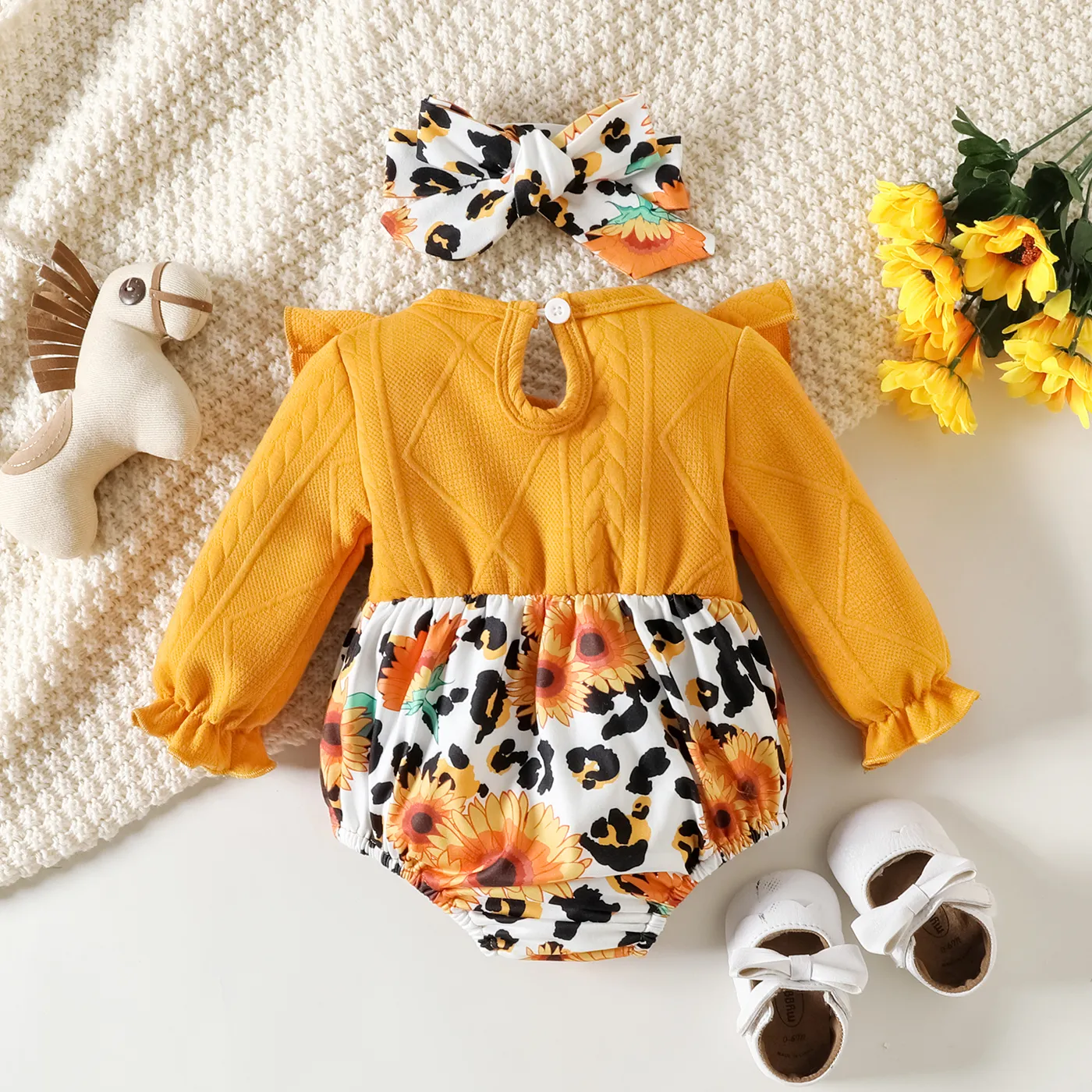 2pcs Baby Girl Sunflower & Leopard Print Spliced Solid Ruffle Trim Long-sleeve Romper and Headband Set Ginger image 2