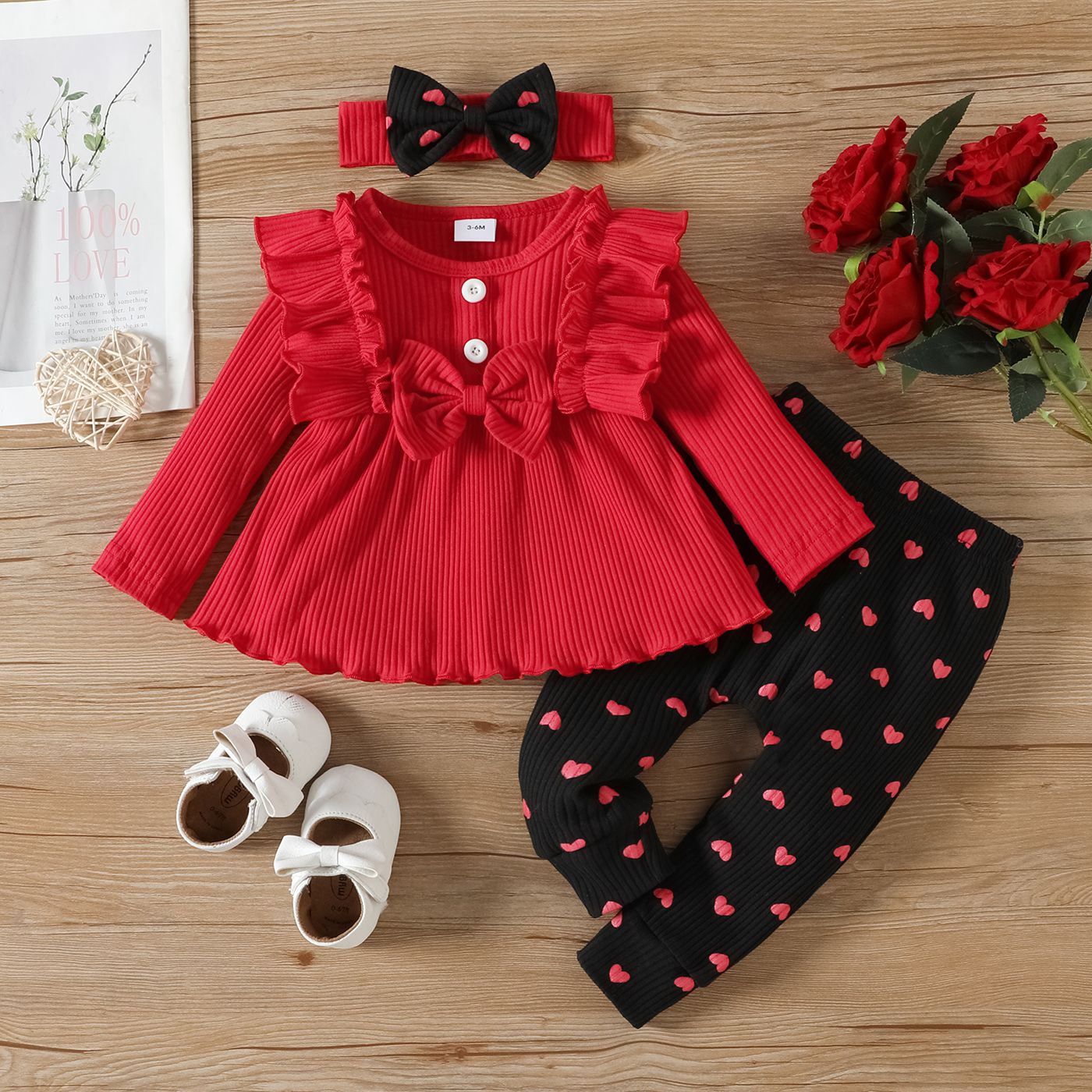 

3pcs Baby Girl 95% Cotton Rib Knit Ruffle Trim Bow Front Long-sleeve Top and Allover Heart Print Leggings with Headband Set