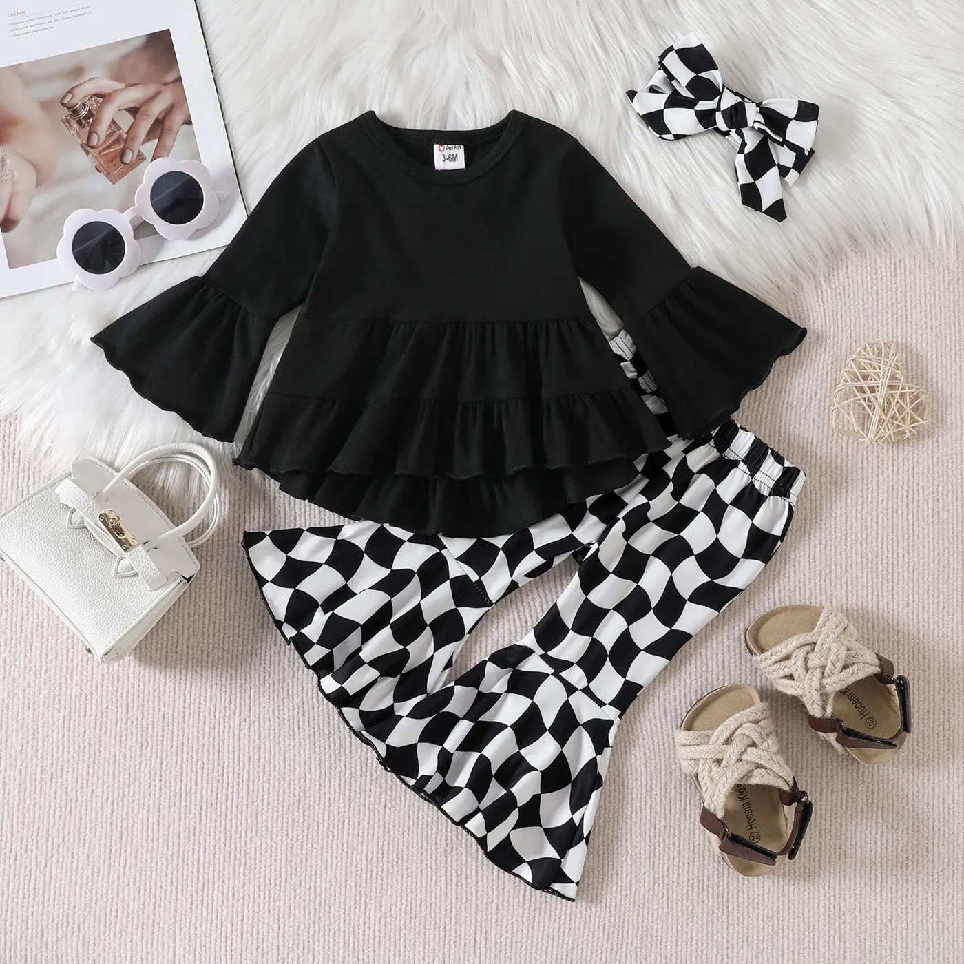 

3pcs Baby Girl Black Flare-sleeve Tiered High Low Hem Top and Checkered Flared Pants with Headband Set