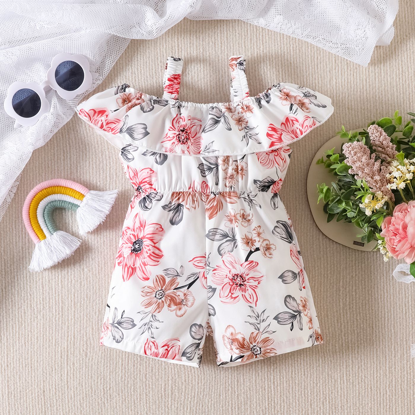 

Baby Girl Allover Floral Print Ruffled Sleeveless Romper Shorts