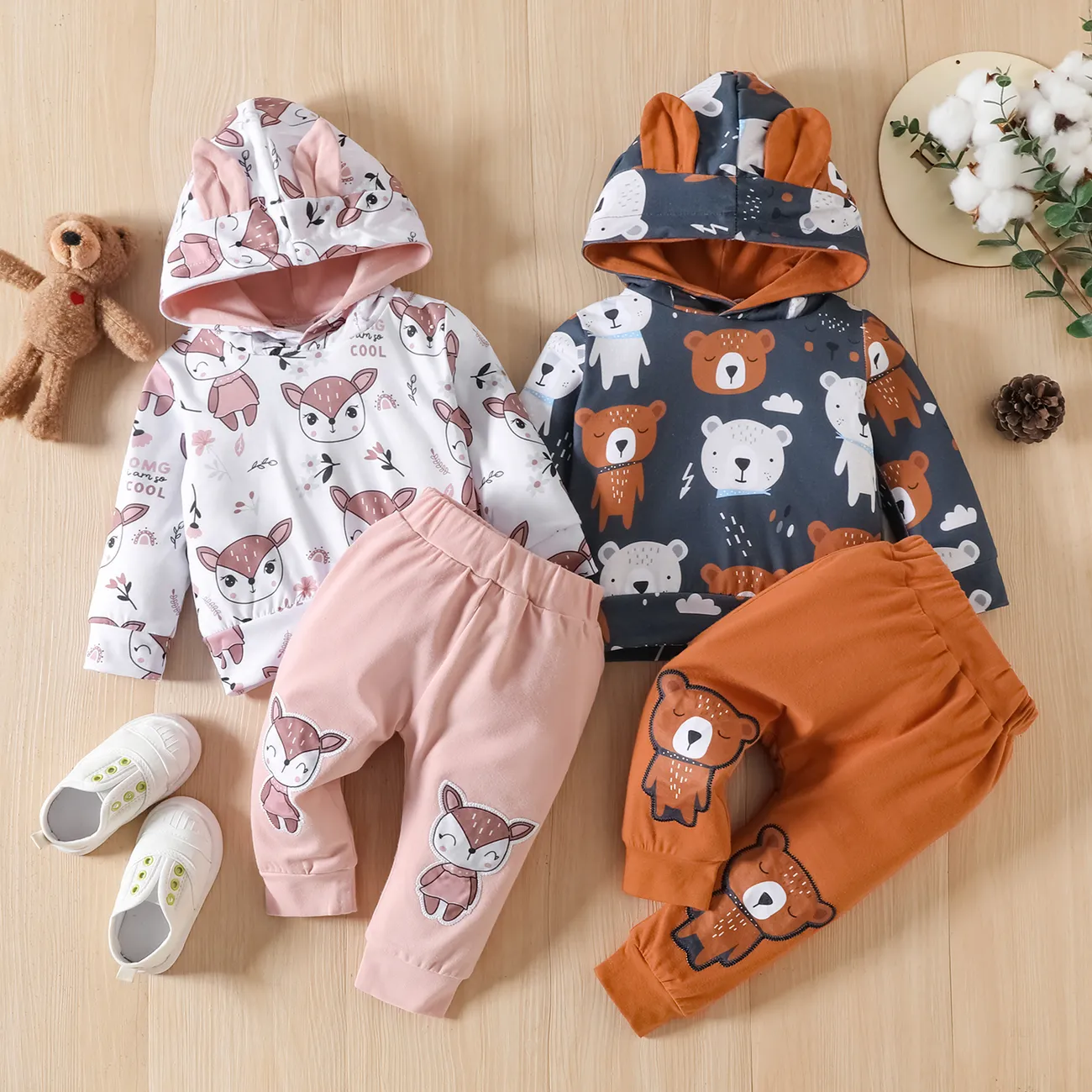 2 unidades Bebé Unissexo Costuras de tecido Veado Infantil Manga comprida Conjunto para bebé Rosa big image 1