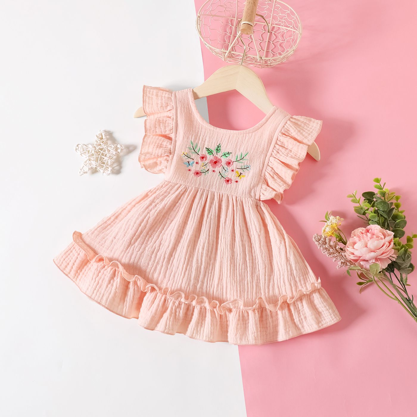 

Baby Girl 100% Cotton Crepe Floral Embroidered Ruffled Dress