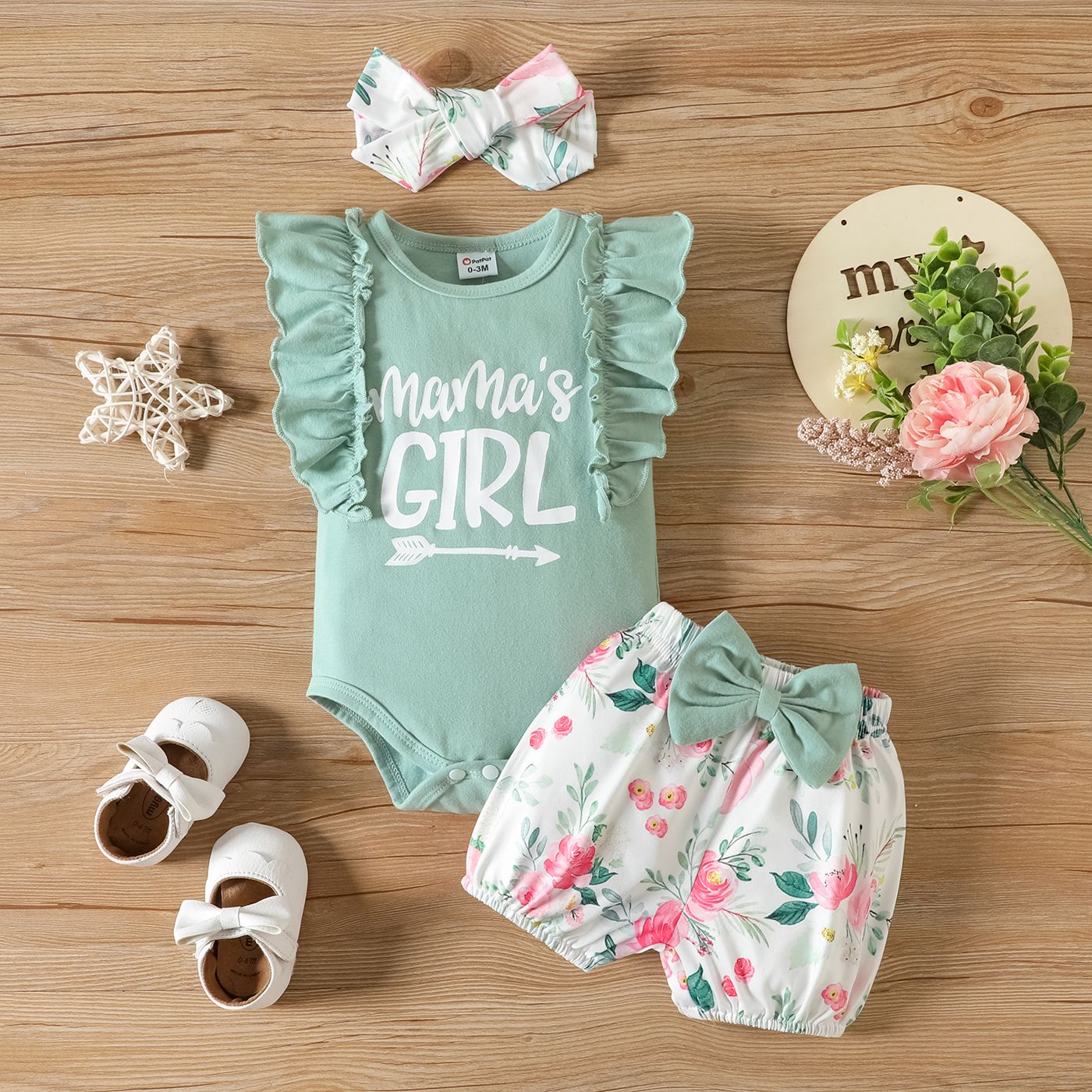 3pcs Baby Girl 95% Cotton Letter Graphic Ruffle Trim Tank Romper and Bow Decor Floral Print Shorts &