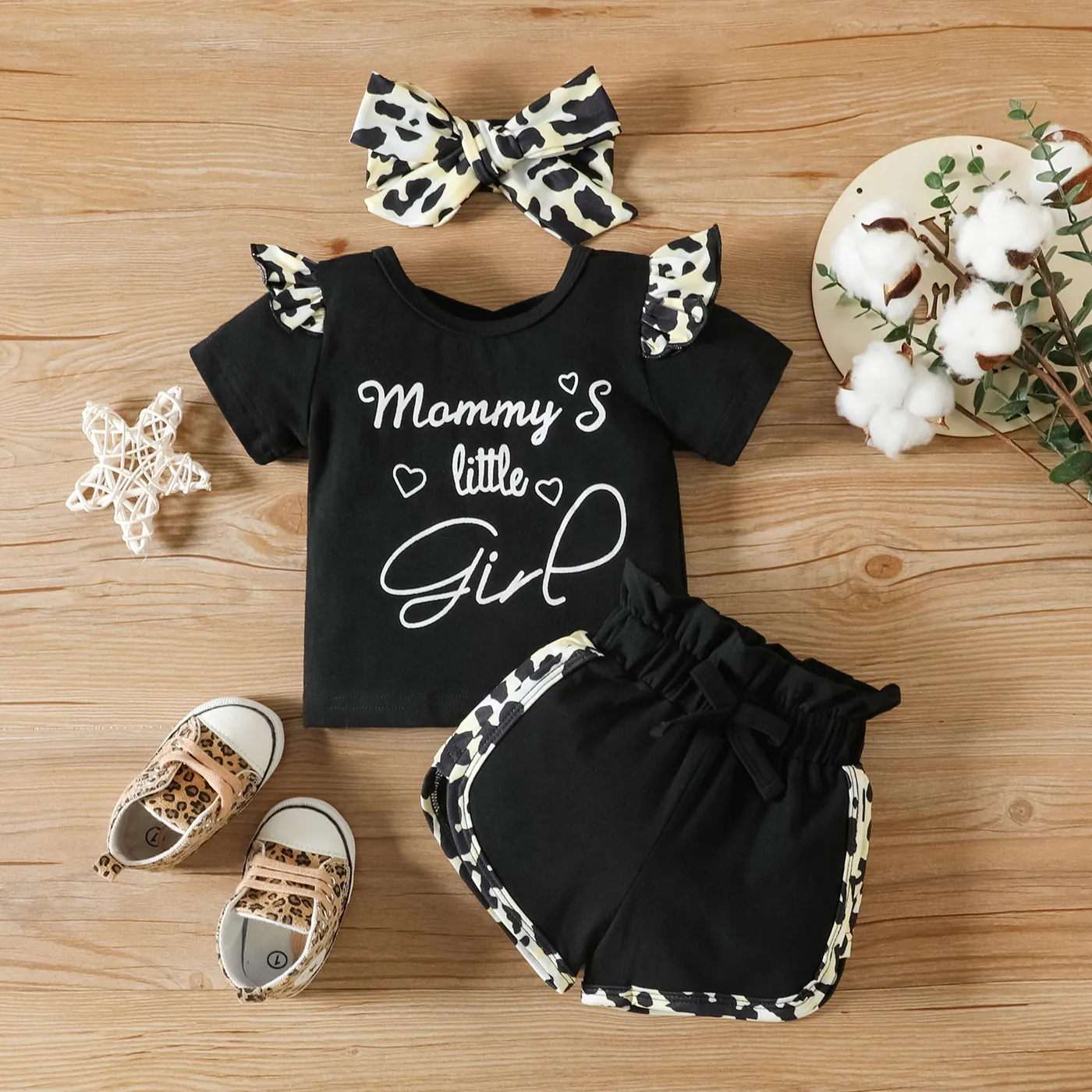 3pcs Baby Girl 95% Cotton Leopard Print Ruffle Trim Letter Graphic Short-sleeve Tee and Shorts & Hea