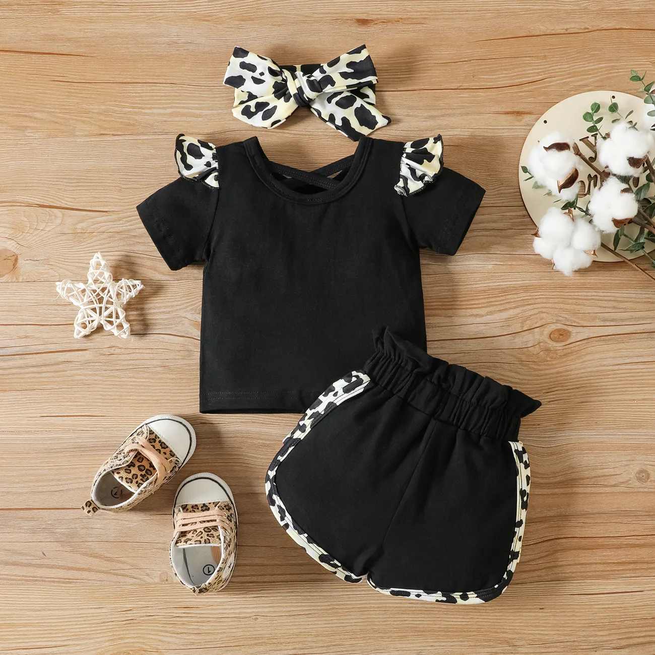 3 pièces Bébé Fille Couture de tissus Motif léopard Décontracté Manches courtes ensemble pour bébé Noir big image 1
