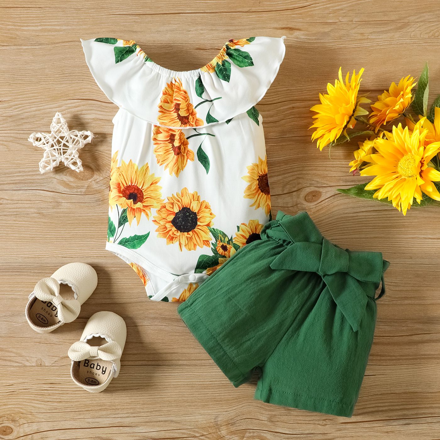 

2pcs Baby Girl 100% Cotton Solid Belted Shorts and Allover Sunflower Print Ruffled Collar Tank Romper Set