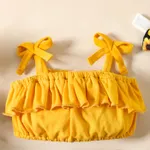 3pcs Baby Girl 95% Cotton Solid Ruffled Crop Cami Top and Allover Floral Print Shorts & Headband Set  image 4