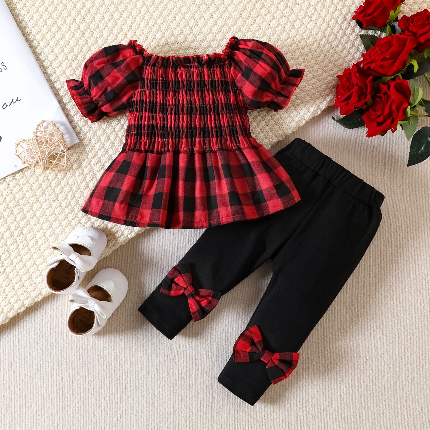 

2pcs Baby Girl 100% Cotton Red Plaid Puff-sleeve Shirred Top and Bow Decor Pants Set