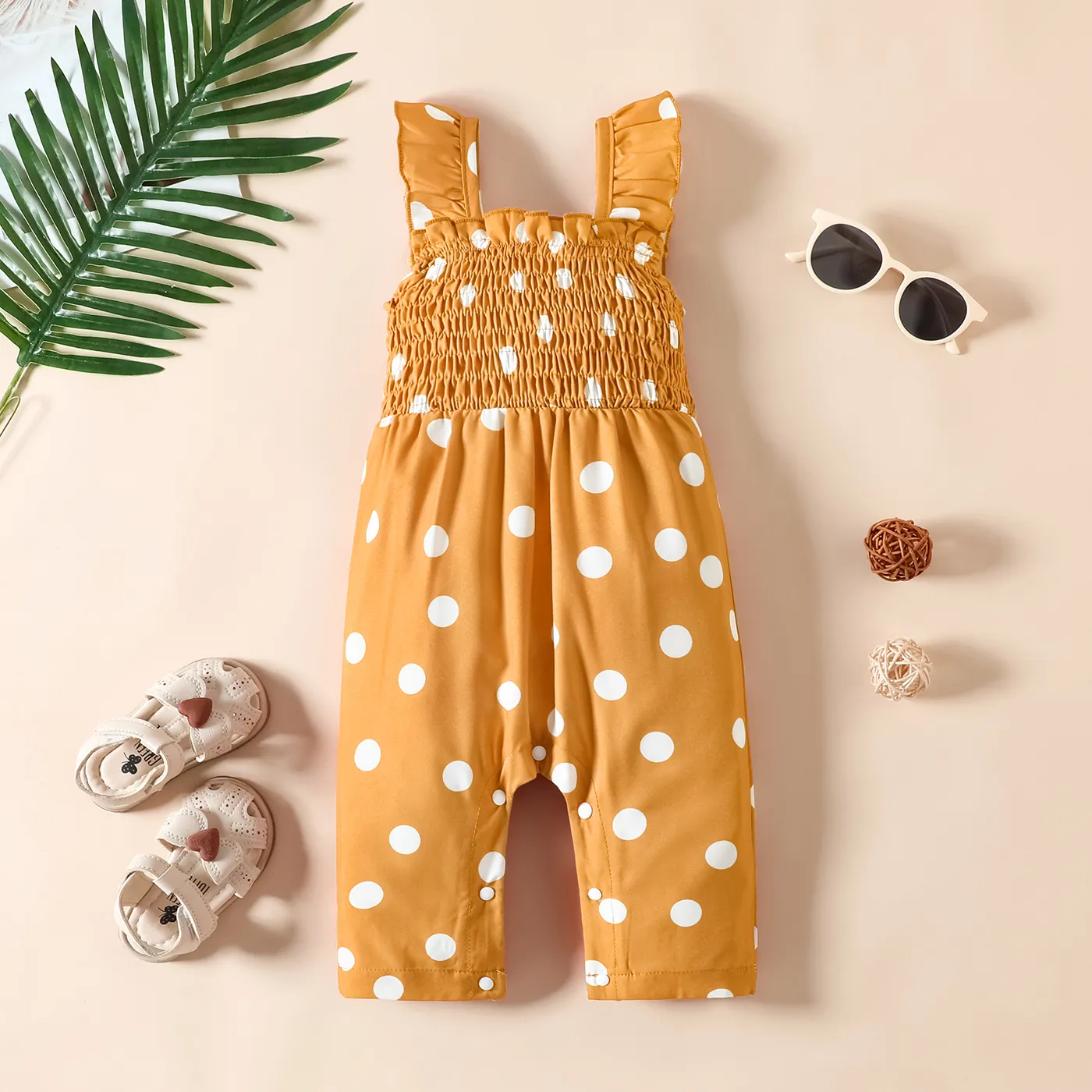 

Baby Girl Allover Polka Dots Print Ruffled Shirred Jumpsuit