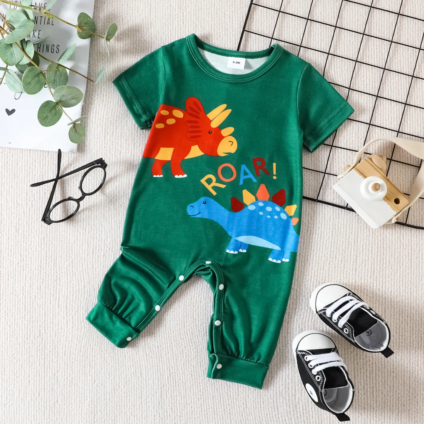 Baby Boy Dinosaur & Letter Print Short-sleeve Jumpsuit DarkGreen big image 1