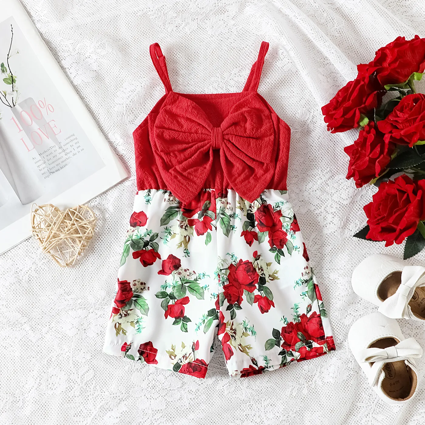 

Baby Girl Cotton Solid & Floral-print Spliced Bow Front Romper Shorts