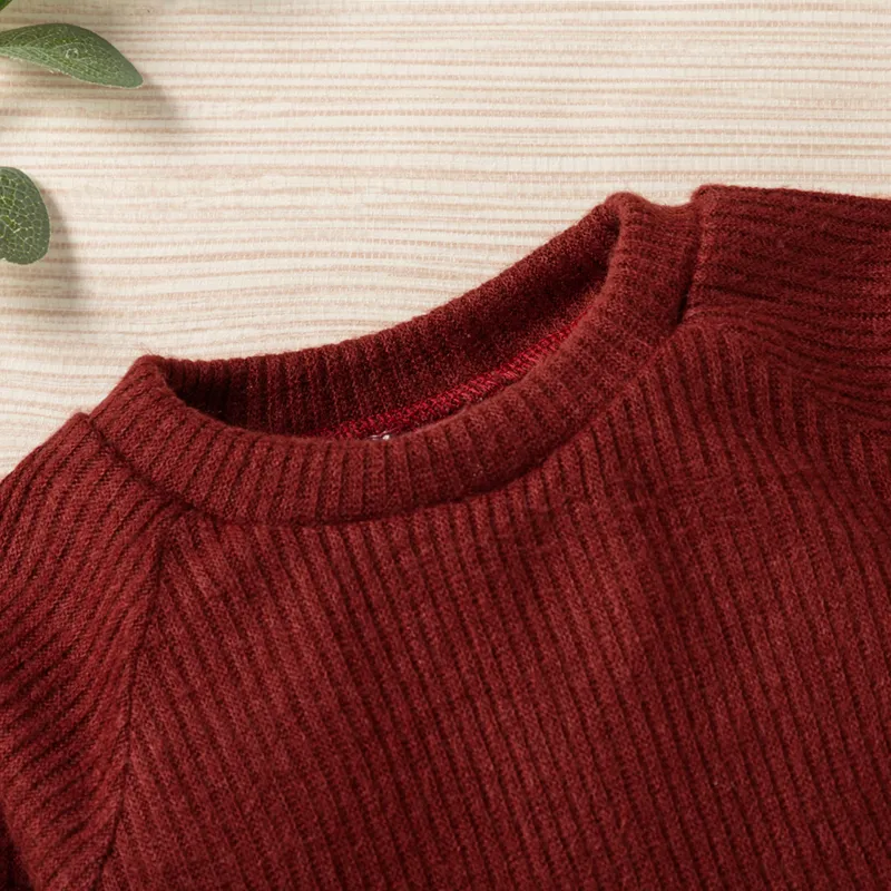Baby Boy/Girl 3pcs Solid Ribbed Long-sleeve Pullover and Trouser Set Burgundy image 6