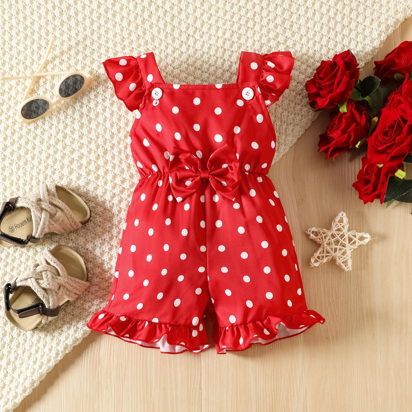 

Baby Girl Allover Polka Dots Bow Front Ruffled Romper Shorts