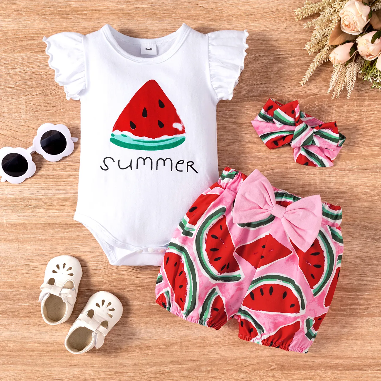 3pcs Baby Girl 95% Cotton Watermelon Print Flutter-sleeve Bodysuit and Bow Front Shorts and Headband Set White big image 1